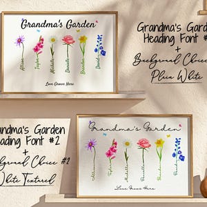 Two framed posters with floral designs showcasing different fonts and background options. The top poster uses Grandma’s Garden Heading Font #1 and Background Choice #1 Plain White, while the bottom uses Heading Font #2 and Background Choice #2 White Texture.