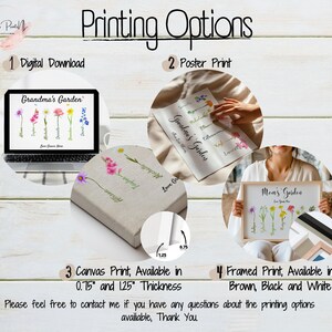 A digital flyer titled Printing Options features four personalized floral print options: Digital Download, Poster Print, Canvas Print (0.75” and 1.25” thickness), and Framed Print in brown, black, and white. Background shows wooden texture.