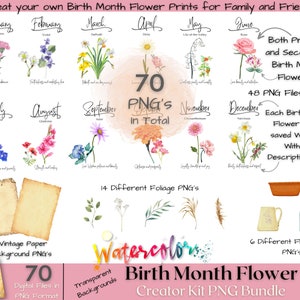 Imágenes prediseñadas de flores del mes de nacimiento, paquete PNG floral de acuarela, kit creador de estampados de flores del mes de nacimiento de bricolaje, regalo del día de la madre, imágenes prediseñadas botánicas.