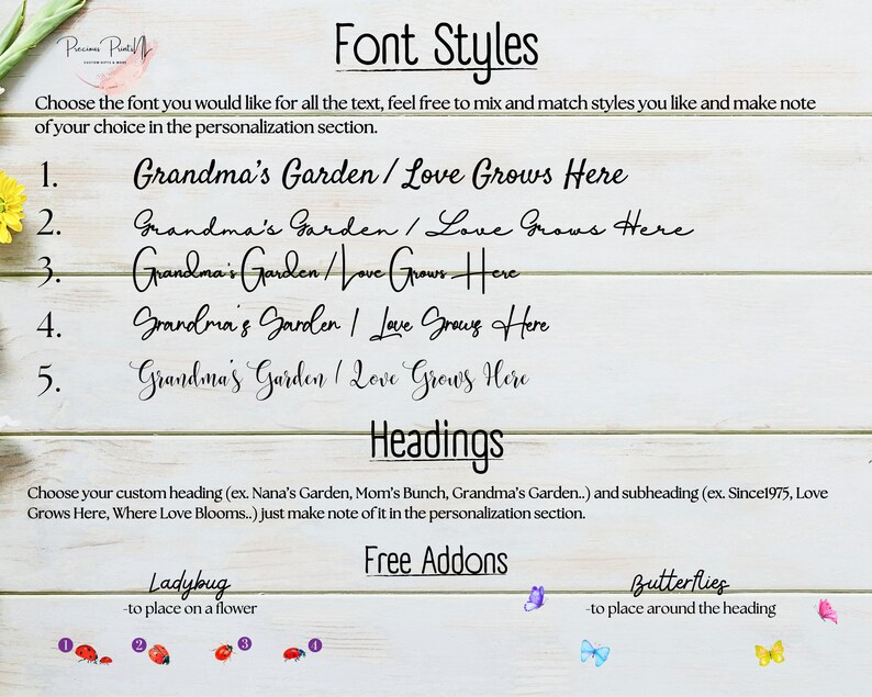 A rustic wooden sign displays various font styles for personalization, including Grandmas Garden and Love Grows Here. Options for headings and additions like ladybugs and butterflies are at the bottom, with floral decorations on the sides.