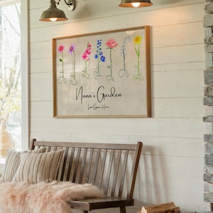A cozy room features a wooden bench adorned with pillows and a fluffy blanket. Above it hangs a Nana's Garden framed print, showcasing labeled flowers in a charming arrangement. The warmly lit space invites comfort and admiration, offering the perfect personalized touch for Mothers Day.