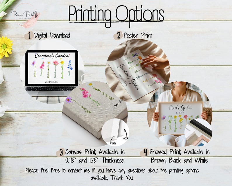A digital flyer titled Printing Options features four personalized floral print options: Digital Download, Poster Print, Canvas Print (0.75” and 1.25” thickness), and Framed Print in brown, black, and white. Background shows wooden texture.