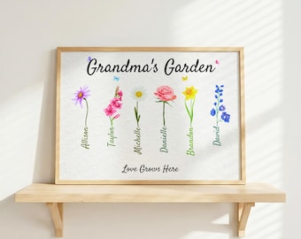 May include: A framed print titled Grandma's Garden featuring six watercolour-style flowers, each labelled with the names Allison, Taylor, Michelle, Danielle, Brandon, and David, with the text Love Grows Here at the bottom and small butterflies.