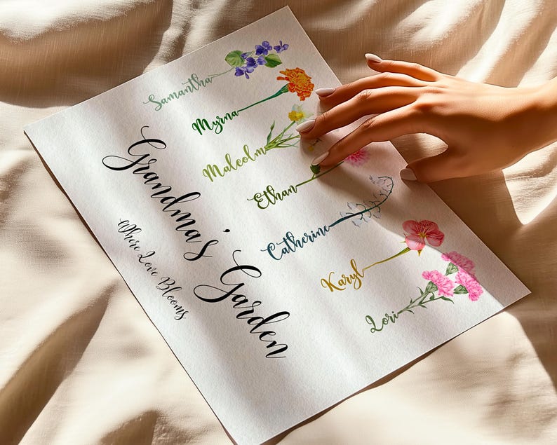 A hand touches a white textured poster on a beige cloth. The paper features flowers with names: Samantha, Myrna, Malcolm, Ethan, Catherine, Karyl, and Lori. Text reads Grandmas Garden and Where Love Blooms.