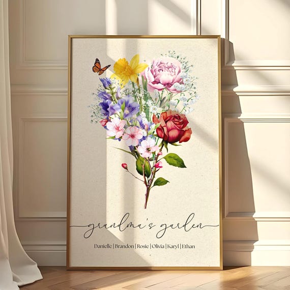 Personalized Birth Flower Bouquet Print, Custom Grandma's Garden Sign, Family Birth Month Flower Art for Mom, Nana, Nanny, Mimi, Gigi.