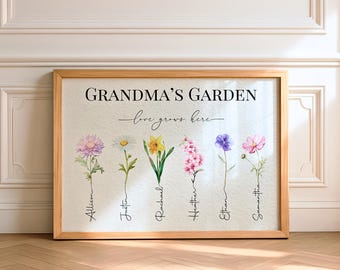 May include: A framed horizontal print featuring the text GRANDMA'S GARDEN and love grows here in black font. Below the text are six watercolor-style flowers, each with a name written vertically along its stem: Allison, Justin, Rachael, Heather, Ethan, and Samantha.