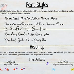 A rustic wooden sign displays various font styles for personalization, including Grandmas Garden and Love Grows Here. Options for headings and additions like ladybugs and butterflies are at the bottom, with floral decorations on the sides.