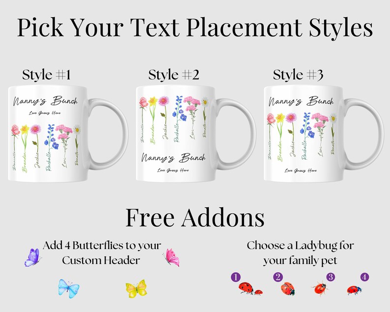 Three mugs with floral designs are shown, each with different text styles labeled Style #1, Style #2, and Style #3. Below, options for free add-ons include four colorful butterflies and six ladybug designs for customization.