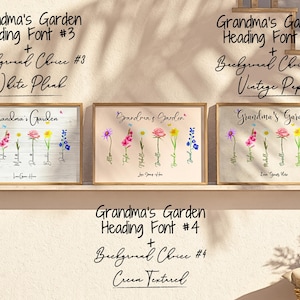 Three framed artworks showcase three different Grandmas Garden text styles on different background choices: white plank, vintage paper, and cream texture. Each features colorful flower drawings beneath the text, with shadows cast on a beige wall.
