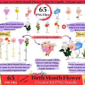 Geboortemaand bloemen PNG-kit, aquarel bloemen png-bundel, DIY geboortemaand bloemenprint Creator Kit, Moederdagcadeau, botanische clipart.