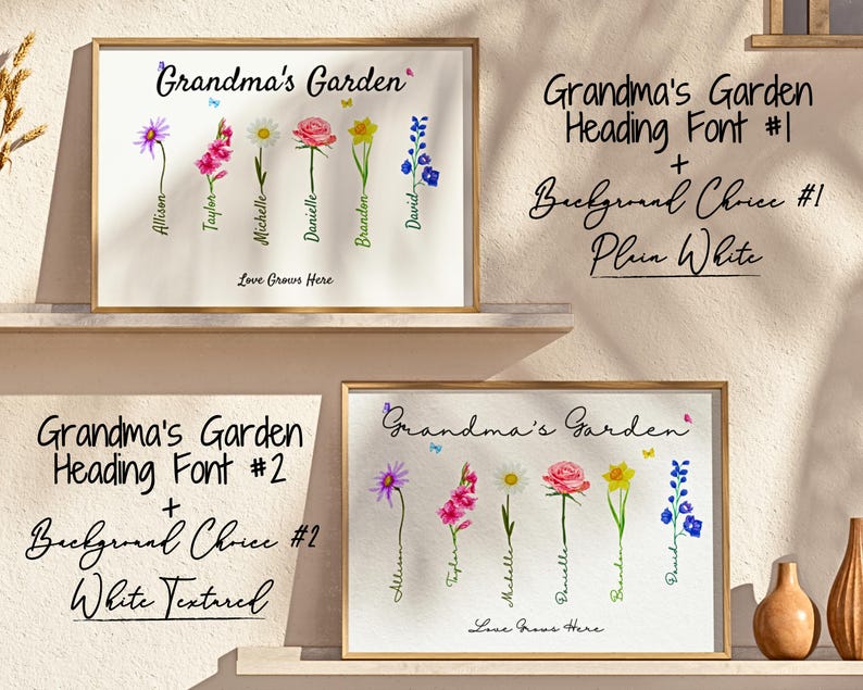 Two framed posters with floral designs showcasing different fonts and background options. The top poster uses Grandma’s Garden Heading Font #1 and Background Choice #1 Plain White, while the bottom uses Heading Font #2 and Background Choice #2 White Texture.
