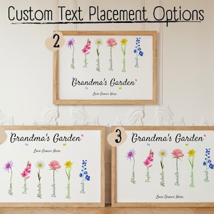 Three framed posters labeled Grandmas Garden, each with names next to different flowers including aster, gladiolus, daisy, rose, daffodil and larkspur. Three text placement options: first option with Grandmas Garden and Love grows Here on top, the second option with Grandmas Garden and Love grows Here on bottom and a third option with Grandmas Garden on top and Love Grows Here on bottom.