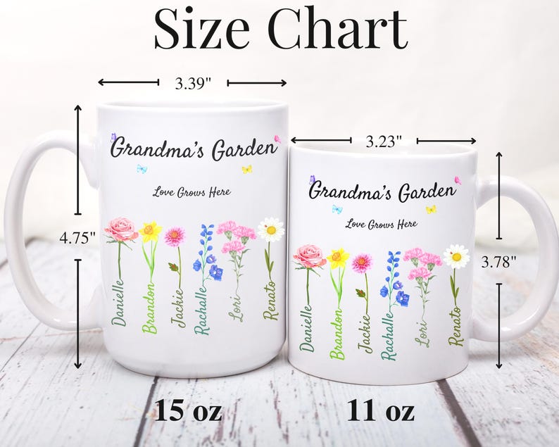 Two white mugs with Grandmas Garden and Love Grows Here text, each adorned with colorful flowers and names. The larger mug is 15 oz with dimensions 4.75 x 3.39, and the smaller is 11 oz, 3.78 x 3.23. A size chart is above the mugs.