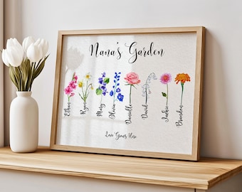 Letrero de jardín de Nana personalizado, impresión enmarcada de jardín familiar, letrero de jardín de la abuela, lienzo de jardín de Nanas, póster personalizado del Día de la Madre.