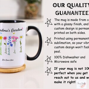A 15 ounce white mug with birth flower illustrations and text, resting on a wooden coaster on a white counter top. Nearby is a note about the mugs quality guarantee, including details about its ceramic material, print longevity, and dishwasher safety.