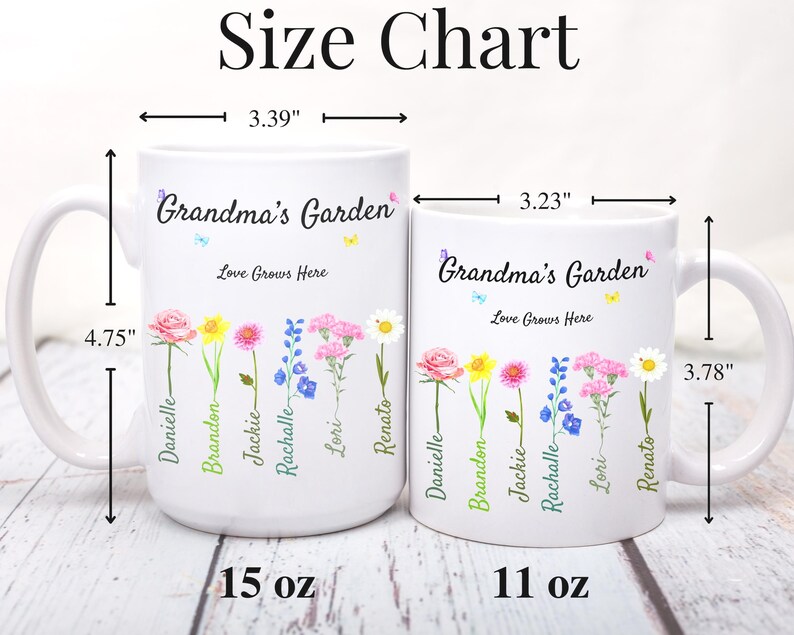 Two white mugs with Grandmas Garden and Love Grows Here text, each adorned with colorful flowers and names. The larger mug is 15 oz with dimensions 4.75 x 3.39, and the smaller is 11 oz, 3.78 x 3.23. A size chart is above the mugs.