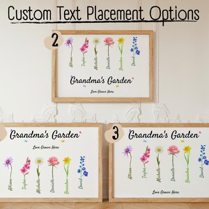 Three framed posters labeled Grandmas Garden, each with names next to different flowers including aster, gladiolus, daisy, rose, daffodil and larkspur. Three text placement options: first option with Grandmas Garden and Love grows Here on top, the second option with Grandmas Garden and Love grows Here on bottom and a third option with Grandmas Garden on top and Love Grows Here on bottom.