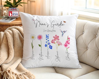 Cojín de flores de nacimiento personalizado, cojín de jardín personalizado para la abuela, cojín con nombre familiar, regalo del Día de la Madre para mamá, abuela y abuela.