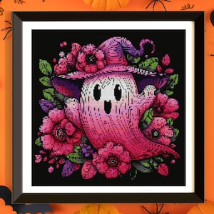Halloween Cross Stitch Pattern PDF, Floral Ghost, Spooky Embroidery Pattern, Instant Download, X Cross Stitch Patterns, Autumn Cross Stitch