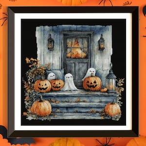Halloween Cross Stitch Pattern PDF, Halloween Porch, Cute Embroidery Pattern, Instant Download, X Cross Stitch Patterns, Autumn Cross Stitch