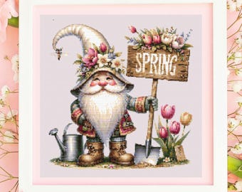 Spring Gnome Cross Stitch Pattern PDF, Cute Gnome, Embroidery Pattern, Instant Download, X Cross Stitch Patterns, Gnome Counted Cross Stitch