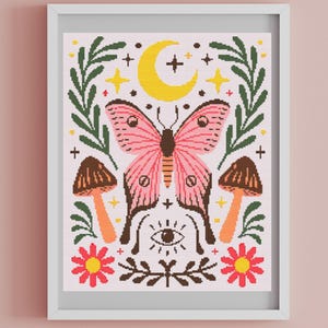 Butterfly Cross Stitch Pattern PDF, Boho Flowers, Floral Embroidery Pattern, Instant Download, X Cross Stitch Pattern, Counted Cross Stitch