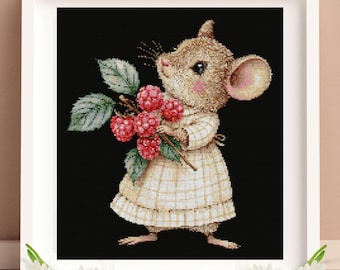 Schema per punto croce di un topo in PDF, Topolino carino, Schema per ricamo fai da te, Download immediato, Schema per punto croce a X, Schema per punto croce di animali