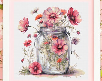 Schema per punto croce floreale in PDF, vaso di fiori selvatici, schema di ricamo floreale, download immediato, schema per punto croce a X, punto croce contato