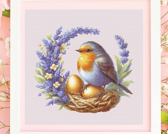 Robin Cross Stitch Pattern PDF, Cute Robin, Spring Embroidery Pattern, Instant Download, X Cross Stitch Patterns, Counted Cross Stitch, Bird