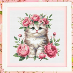 Katten kruissteekpatroon pdf, bloemen kruissteek, katten- en bloemenpatroon, kattenliefhebber cadeaupatroon, instant download, X-kruissteekpatroon