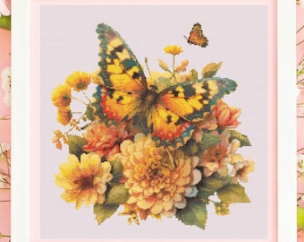 Patrón de punto de cruz de mariposa en PDF, Mariposa y flor, Patrón de bordado, Descarga instantánea, Patrón de punto de cruz, Punto de cruz contado