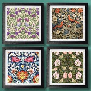 May include: Four framed art prints with floral and bird designs. The prints feature various patterns with colours like purple, orange, blue, and green. Each print is in a black frame, creating a cohesive set for wall decor.