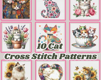 10 Cat Cross Stitch Patterns PDF, Cat Bundle, Cute Cat Embroidery Pattern, Instant Download, X Cross Stitch Pattern, Cat Lover Gift Patterns
