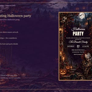May include: A digital Halloween party invitation featuring a dark manor scene with a clown, pumpkins, and candles. Text includes: Halloween PARTY, PLEASE JOIN US FOR A HAUNTING EVENING HOSTED BY The Bennett Family, SATURDAY 31 OCT @ 7:00 PM, THE HAUNTED HALL.