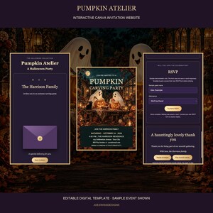 Puede incluir: Una plantilla de invitación digital interactiva para una fiesta de Halloween de Pumpkin Atelier. El diseño presenta fondos de color púrpura oscuro, texto dorado y una ilustración central de fantasmas tallando calabazas. Incluye campos de formulario RSVP.