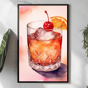 昔ながらのカクテル水彩画、チェリーとオレンジのドリンクプリント、ウイスキーグラスバーの装飾、クラシックカクテルウォールアート、ミクソロジーキャンバス