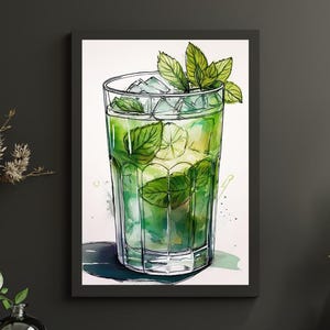 モヒート水彩画キッチンアート、ミントライムカクテルドリンクプリント、サマーバーの壁飾り、爽やかなグリーンドリンクのイラスト、ミクソロジーギフト