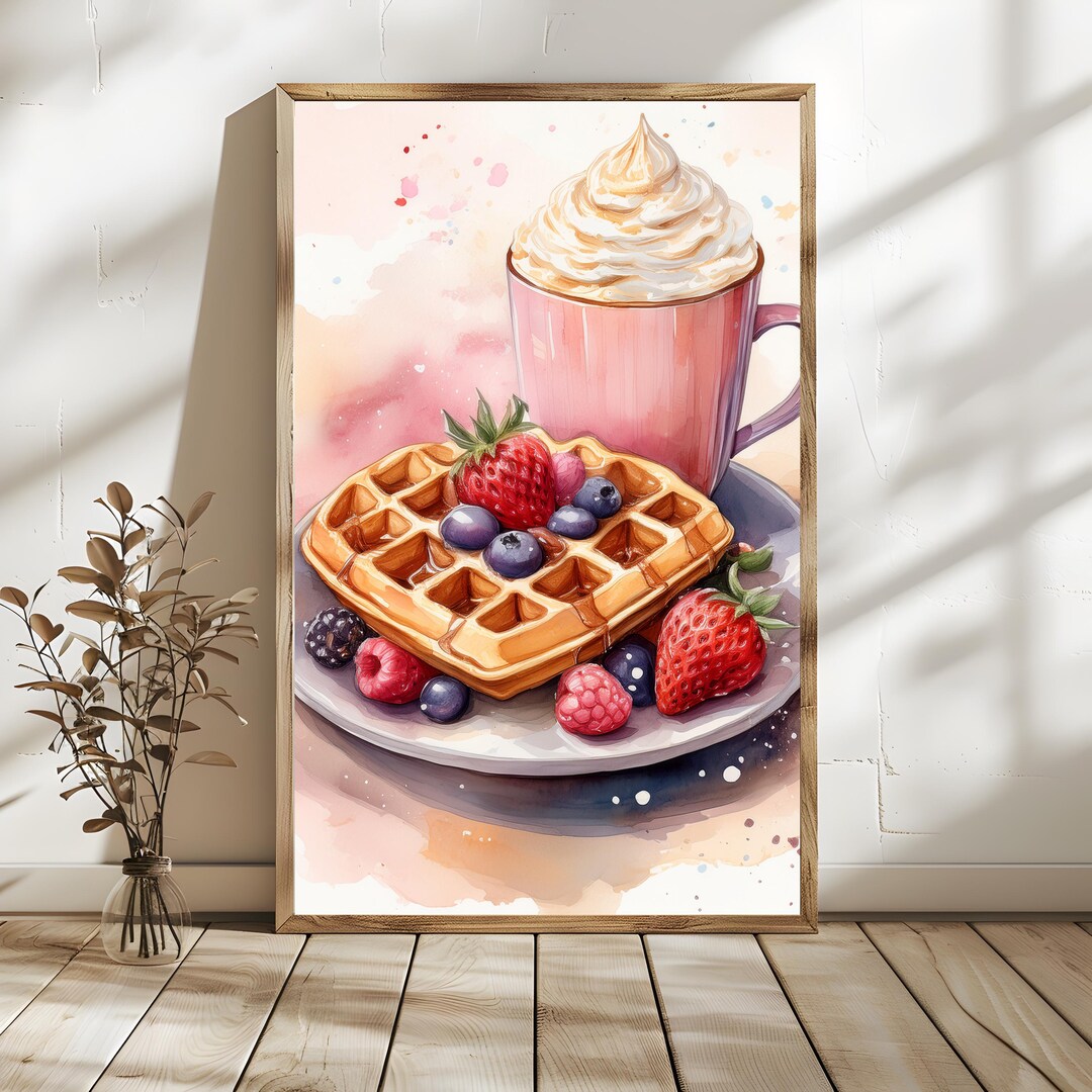 Waffle Breakfast Watercolor Wall Art, Coffee and Berries Kitchen Print ...