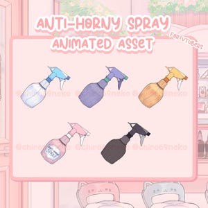 Spray anti-eccitazione | Risorsa per VTuber | Animazione disegnata a mano | Flacone spray Diversi colori Blu Rosa Nero Viola Giallo con cartello