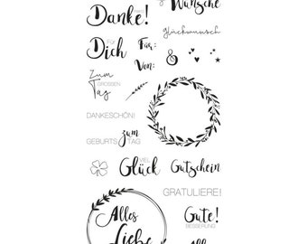 Clear Stamps - Viele Wünsche - Stempel-Set/ Alles Liebe/Herzlichen Glückwunsch/Gute Besserung/ Viel Glück/ Dankeschön/ Silikon-Stempel