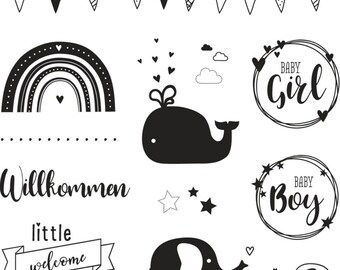 Clear Stamps - Willkommen Baby- Stempel-Set/Silikon-Stempel Geburt/Regenbogen/ Baby-Girl/Boy / Elefant/ Wal / Wimpel-Kette/ Sterne