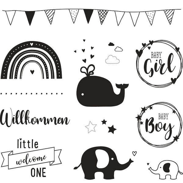 Clear Stamps - Willkommen Baby- Stempel-Set/Silikon-Stempel Geburt/Regenbogen/ Baby-Girl/Boy / Elefant/ Wal / Wimpel-Kette/ Sterne