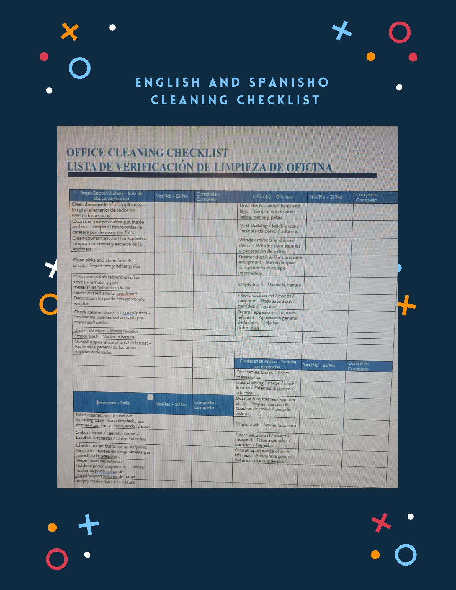 Bilingual Office Cleaning Checklist/ English and Spanish Etsy