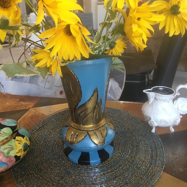 Vase vintage en bois peint à la main bleu et or pour fleurs séchées