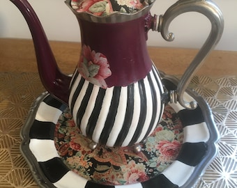 Fancy hand-painted metal teapot and its tray from the world of Alice in Wonderland. Mother's Day gift.