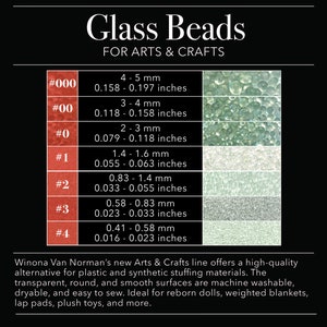 Op de afbeelding: Een tabel met verschillende maten glazen kralen voor kunst en ambacht. De tabel geeft de kraalmaat in millimeters en inches. De kralen zijn helder en doorschijnend. De tabel is gelabeld met "#000", "#00", "#0", "#1", "#2", "#3" en "#4".