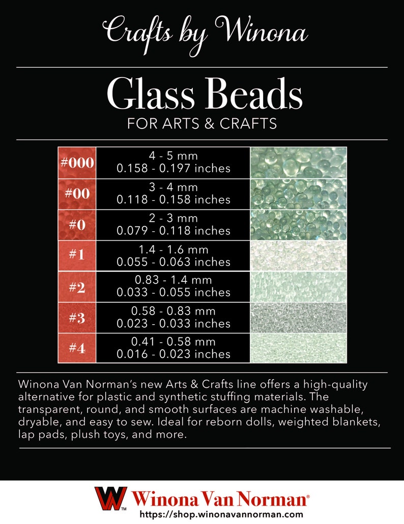Op de afbeelding: Een tabel met verschillende maten glazen kralen voor kunst en ambacht. De tabel geeft de kraalmaat in millimeters en inches. De kralen zijn helder en doorschijnend. De tabel is gelabeld met "#000", "#00", "#0", "#1", "#2", "#3" en "#4".