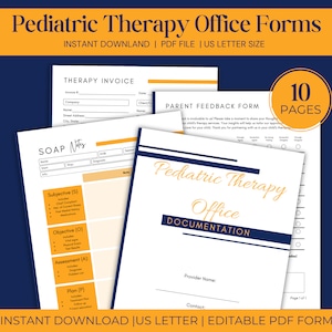 May include: A set of 10 printable PDF forms for pediatric therapy offices. The forms include a therapy invoice, parent feedback form, and SOAP notes. The forms are designed in a blue and yellow color scheme with a modern, clean aesthetic. The text "INSTANT DOWNLOAD | US LETTER | EDITABLE PDF FORM" is at the bottom of the image.