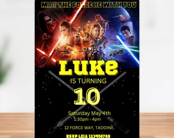 Starwars birthday invitation, luke skywalker, Han Solo, may they force be with you, Rey and Finn, sci-fi, Jedi and sith,