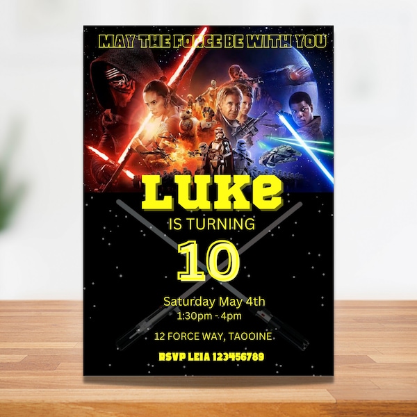 Starwars birthday invitation, luke skywalker, Han Solo, may they force be with you, Rey and Finn, sci-fi, Jedi and sith,